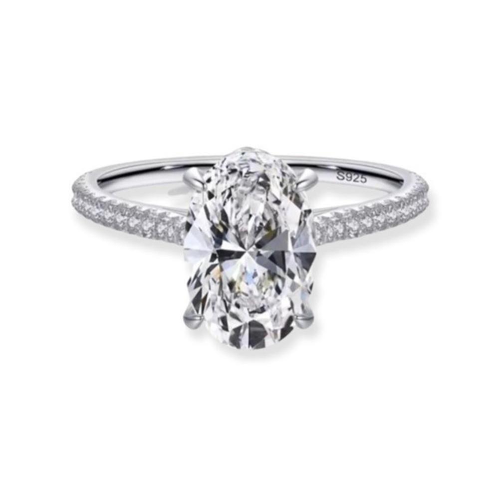 925 Sterling Silver Oval Emerald Cut CZ Wedding Engagement Ring